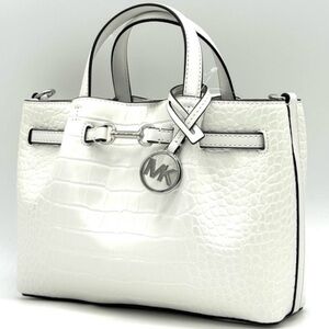 Michael Kors Carson Small Crocodile Embossed Satchel Bag Optic White